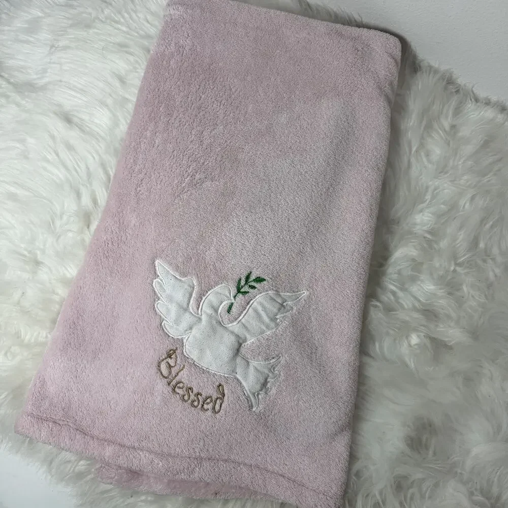 Tadpoles Plush Light Pink Baby Blanket Blessed White Dove Bird Embroidered Lovey